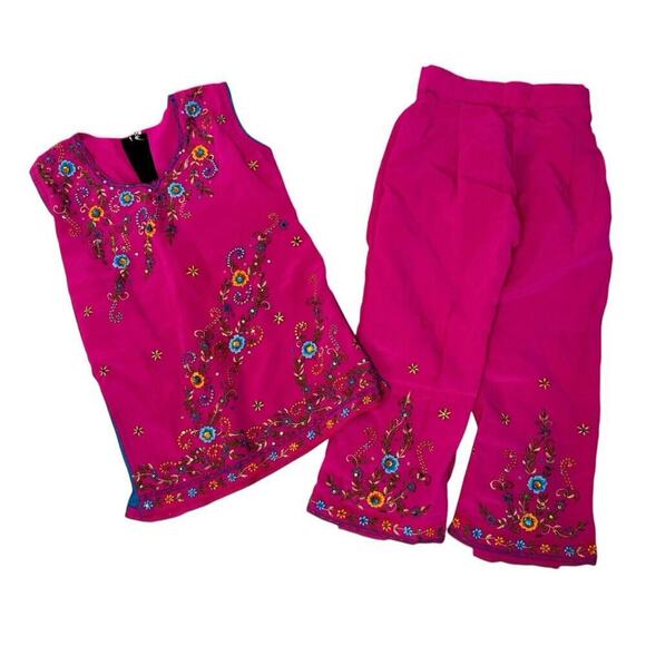 Unbranded Other - Indian Rhinestone Embroidered Silky Pink Kurta Blouse Pants Set Kids Size 22 2T